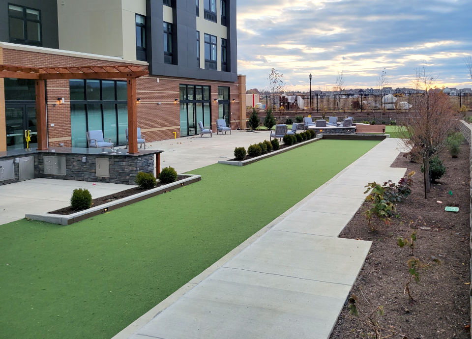 artificial grass area near entryway of retirement community in Ohio